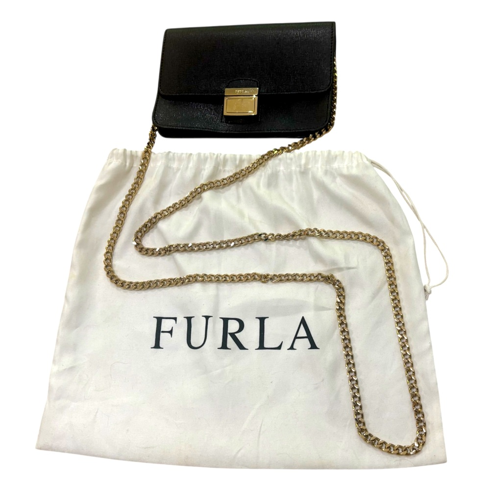 Furla Black Leather Crossbody with Gold Chain